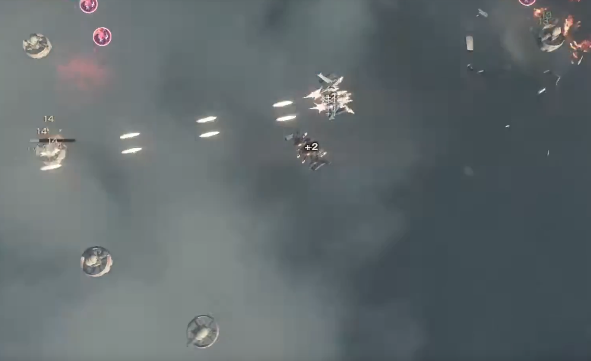 Gameplay of Nier Automata's Flight Unit section, in a top-down view