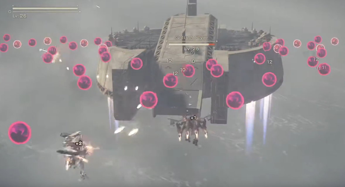 Gameplay of Nier Automata's Flight Unit section, in a front-facing view