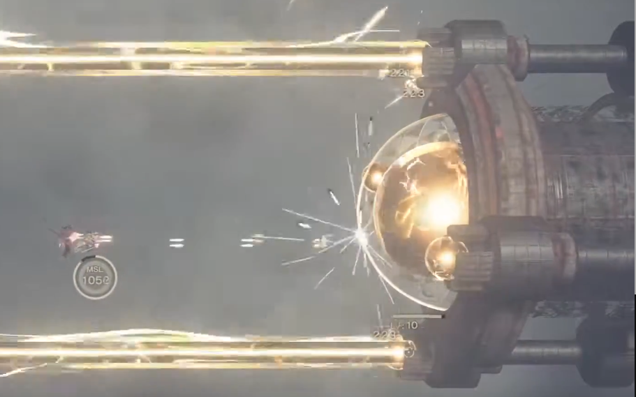 Gameplay of Nier Automata's Flight Unit section, in a side-scroller view